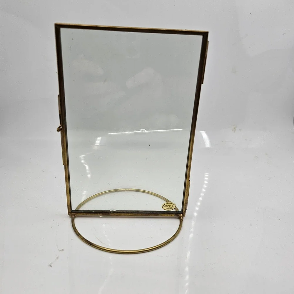 Vintage Brass Floating Picture Frame Glass Double Sided 4x6 Gold Minimalist